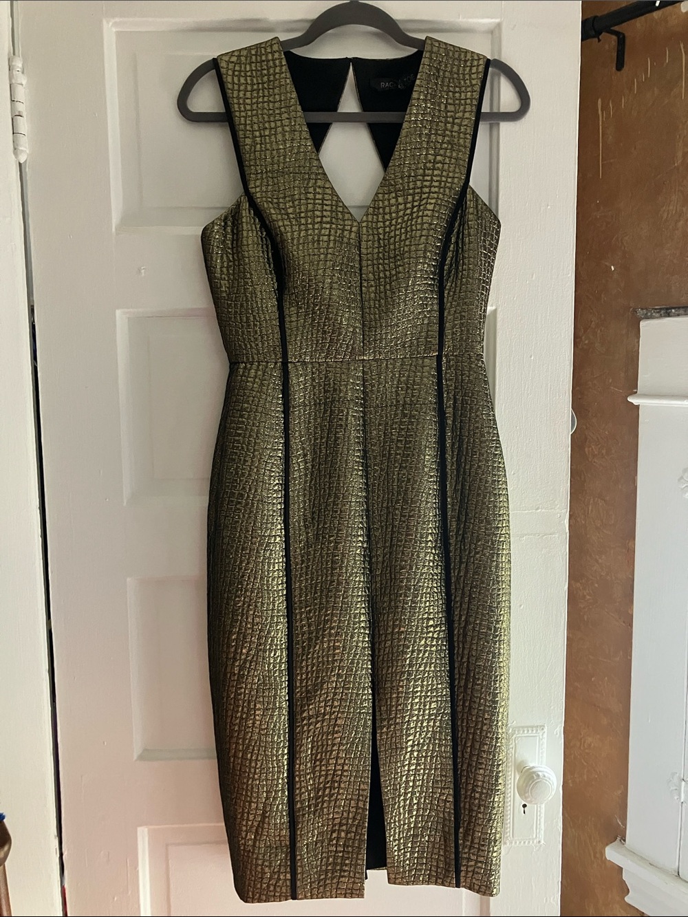 Rachel Zoe Metallic Gold Textured Midi Dress with Black Piping